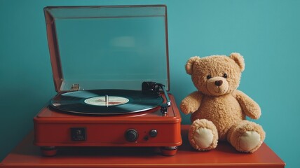 retro turntable beside bear on table