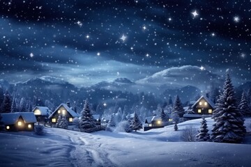 Sticker - A beautiful Merry Christmas scene landscape night snow.