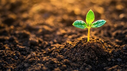 Wall Mural - Young green plant sprouts from rich soil in sunlight