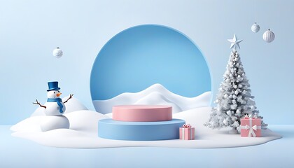 Christmas snowy luxury display scene with trendy products highlighting snowmen and Christmas trees