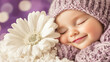 © Majce - Smiling baby surrounded by white flower - purple background