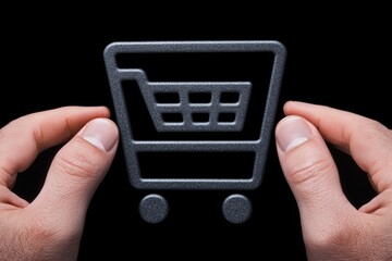 Hands holding a shopping cart icon against a black background, representing e-commerce and online shopping.