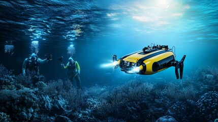 Aufkleber - Autonomous underwater exploration drones, oceanic research vessel with underwater robots and marine scientists, Innovative style
