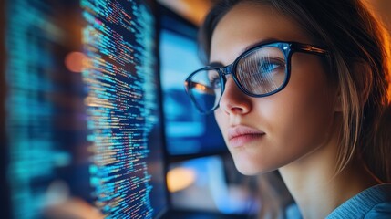 Women in glasses reading html scripts, programming and cyber security research, plus data analytics and holograms of data. A coding or IT person in glasses is reading html scripts, programming and