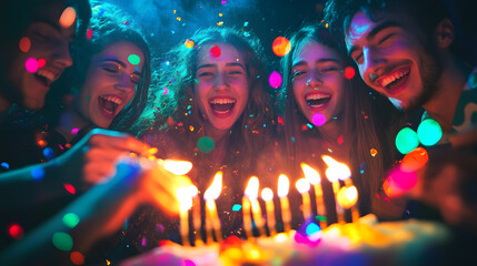 group of friends celebrating together with laughter and joy, surrounded by colorful lights and candles on birthday cake. atmosphere is festive and cheerful