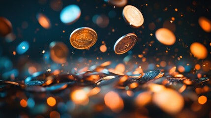 Coins Falling with Sparkling Lights in Background