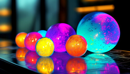 Colorful glowing orbs of light arranged artistically on a reflective surface at night