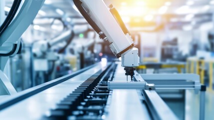 Poster - Industrial assembly line robotics, manufacturing facility with robotic arms and conveyor belts, High-tech style