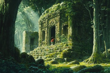 Poster - a painting of a man standing at the entrance of a ruin