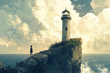 Wall Mural - a person standing on top of a cliff next to a lighthouse