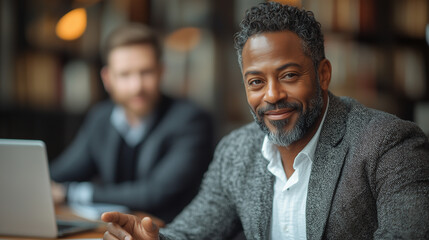 An African American businessman are talking during a meeting, with a laptop on the desk.