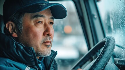 Focused Truck Driver in Rainy Cabin Setting