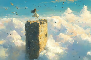 Poster - a painting of a girl standing on top of a tower