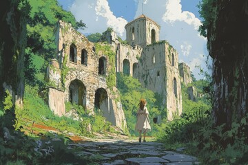 Poster - a girl is standing in front of a castle