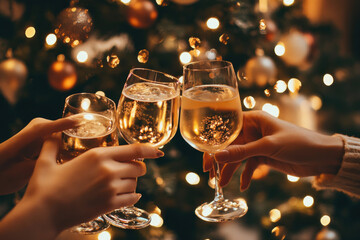 Wall Mural - People toasting champagne glasses, Christmas lights twinkling in the background.