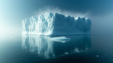 Antarctica, icebergs floating in the ocean, a foggy blue sky, the reflection of an iceberg on the water surface, a polar landscape. Arctic scenery. A beautiful nature background with a cold environmen