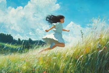 Poster - a painting of a girl running through a field