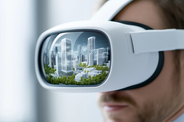 Immersive virtual reality headset reflecting a futuristic urban landscape