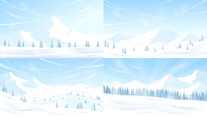 Wall Mural - collection of banners with snowy mountain landscapes. flat winter landscape. snowy weather. design f