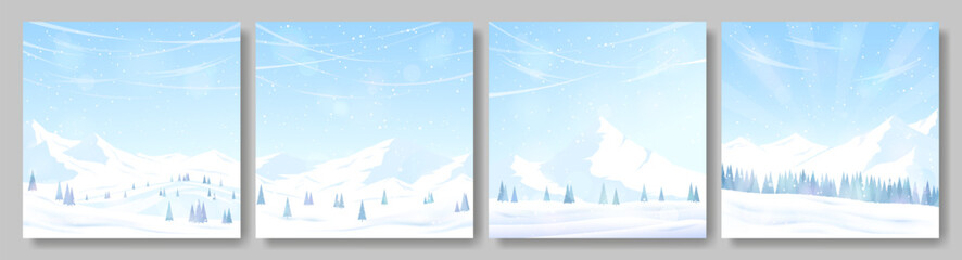 Wall Mural - A collection of four snowy backgrounds. Mountains and valleys covered with snow, frosty sunny day. Blizzard, snowfall. The concept of tourism, mountain hikes. Vector images.