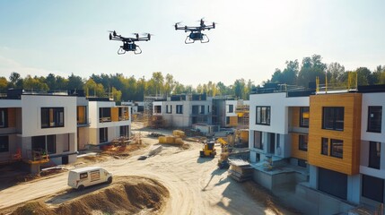 Leinwandbilder - Robotic construction drones assembling modular housing units in a suburban development, residential construction site with automated building systems, Sustainable Development style