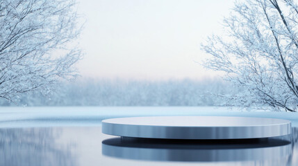 White round table with reflective surface on water, creating a distorted and abstract image.