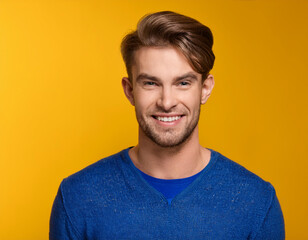 Wall Mural - Portrait of Young Handsome Man Happily Smiling Against Yellow Studio Background	