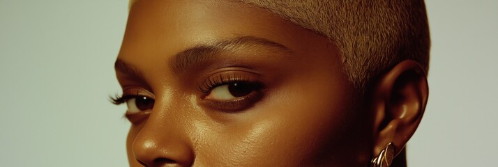 A woman with a shaved head and gold earrings. The woman has a gold tint to her hair and is wearing gold earrings