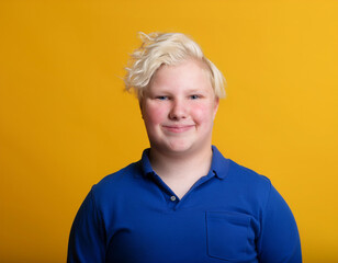 Wall Mural - Portrait of Young Handsome Man Happily Smiling Against Yellow Studio Background	