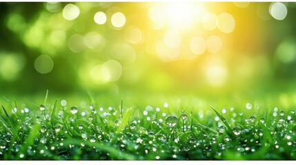Wall Mural - A field of grass with raindrops on it. The grass is green and the raindrops are small and scattered