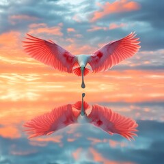 Wall Mural - A stunning bird with vibrant pink wings soars gracefully over a peaceful water surface. The reflection adds depth to this breathtaking scene. A perfect nature shot. AI