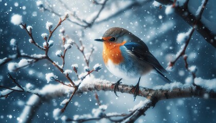 Wall Mural - a small bird in the forest on a snowy tree branch during a snowfall