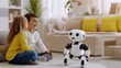 © ArpPSIqee - Robotic pets interacting with children in a smart home environment, futuristic living room with robotic companions, Family Lifestyle style
