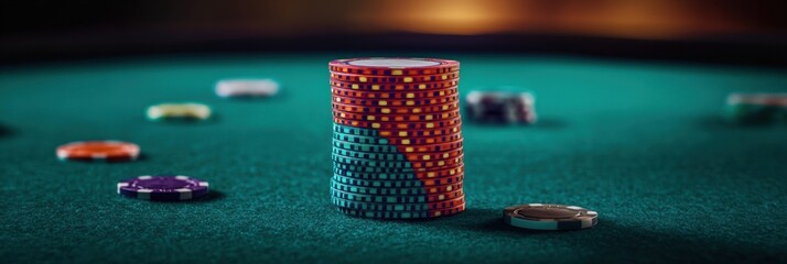 Aufkleber - A high stack of colorful casino chips stands prominently on a green felt table, surrounded by scattered chips during an energetic game night. Generative AI