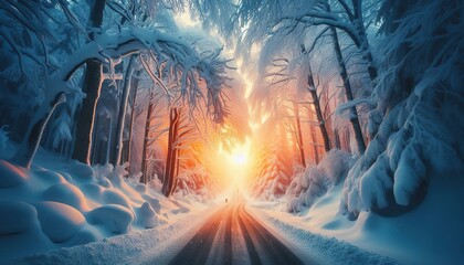 Canvas Print - a picturesque winter forest with snow-covered trees and a road between the trees at sunset