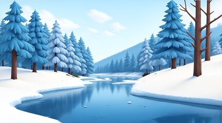 Wall Mural - Winter landscape with snow-covered fir trees on the river bank and forest in the distance in 3D graphics style