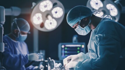 Poster - Robotic surgery operating room with surgeons using advanced medical robots, hospital setting with high-tech surgical equipment, Medical style