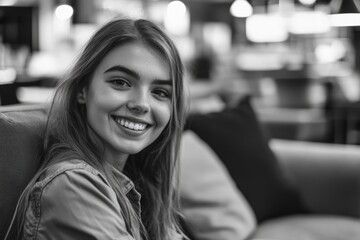 Wall Mural - Woman sitting on couch smiling