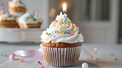 Canvas Print - A cupcake with colorful sprinkles, topped with a single candle that burns brightly, celebrating a quiet birthday moment.