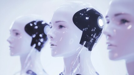 Futuristic robotic heads displaying advanced technology and sleek design. Ideal for concepts of AI and innovation.