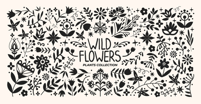 Abstract plants wood folk shapes with plants and forest elements. Ethnic folk stickers in scandinavian style. Boho silhouettes and floral patterns, doodle Scandinavian leaf folk textile pattern