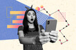 © deagreez - Composite photo collage of shocked girl hold phone freelance development graph news success unexpectedness isolated on painted background