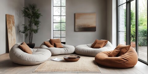 Wall Mural - Minimalist Modern Living Room Showcasing a Curved Sofa and Bean Bag Chairs.