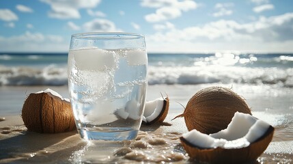 A glass of coconut water sits on a beach with coconuts around it.