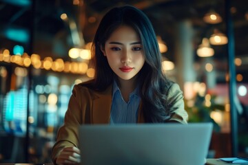 Focused asian businesswoman working on laptop in cafe at night