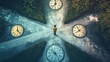© ArpPSIqee - A captivating scene of a person standing at the intersection of several paths, each path represented by a different clock showing various times