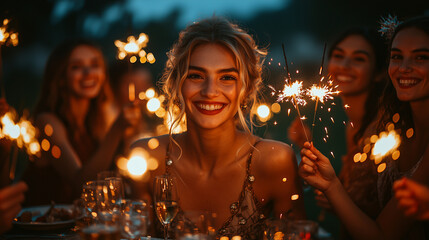 Happy friends having a New Year's dinner party at home, smiling people celebrating Christmas and holding sparklers in their hands during the winter holiday season.