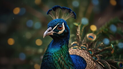 A close-up portrait of a peacock with a blurred background of green and gold bokeh. The peacock has a blue and green head with a large crest of feathers. Its eye is orange and black.