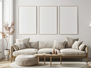 Minimalist living room interior with a beige sofa, stylish coffee table, decor and three blank poster mockups. .