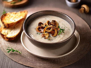 Creamy vegan mushroom soup with crispy shallots and thyme, served in a bowl with artisan bread slices beside it ai.